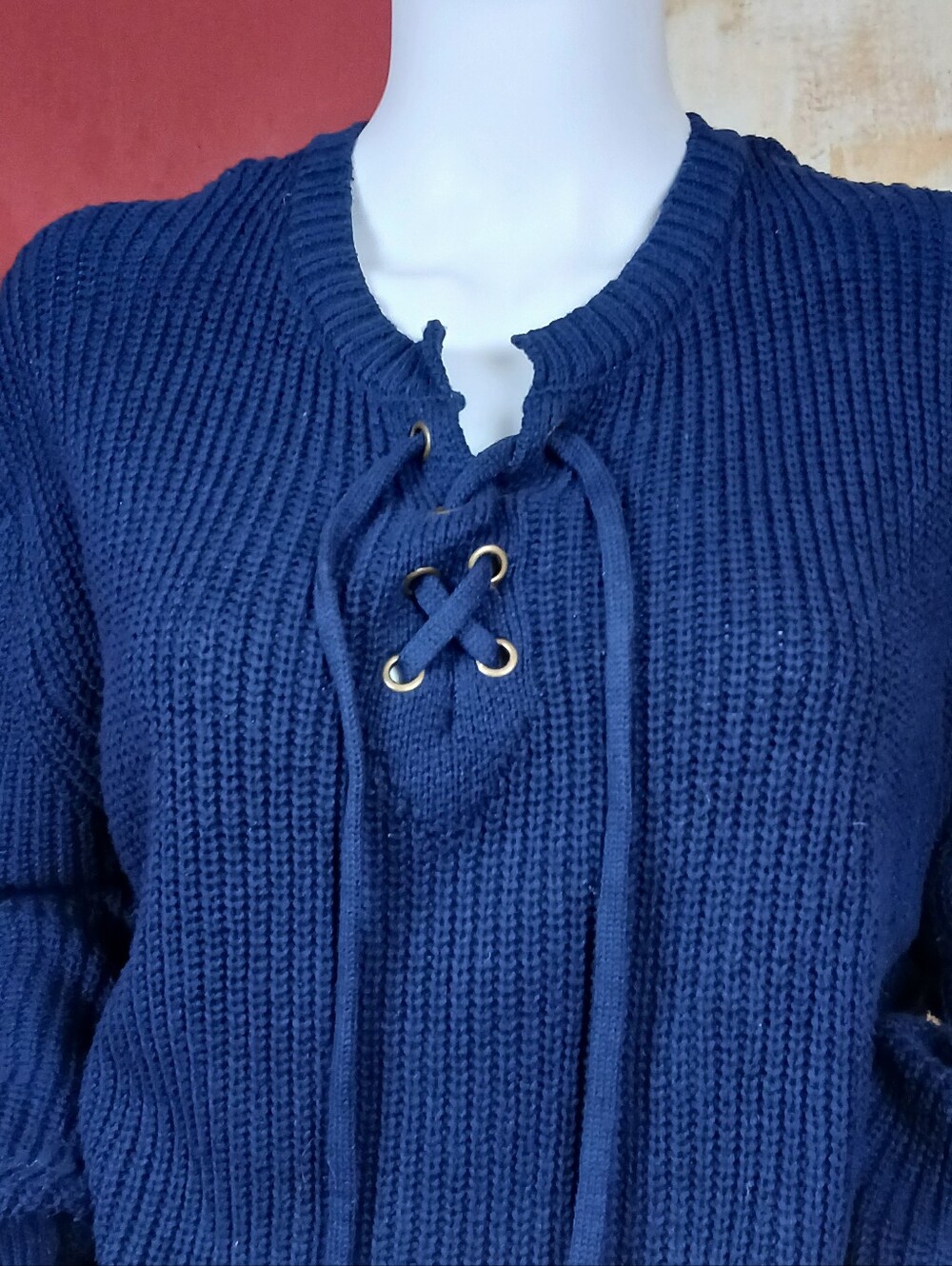 St. John's Bay Navy Lace-Up Rib Knit Crewneck Sweater